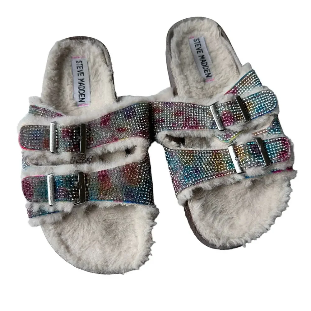 Steve Madden Rhinestone Faux Fur Cozy Sandals Size 8.5